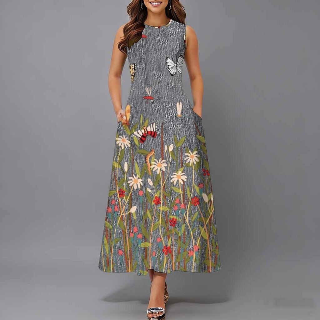 Oversized Sleeveless Round Neck Dress Elegant Clustered Floral Print Knee Length Flowy Dress