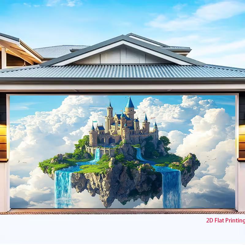2D Enchanted Sky Tapestry, Dreamy Cloud Castle with Blue Waterfalls Background Cloth