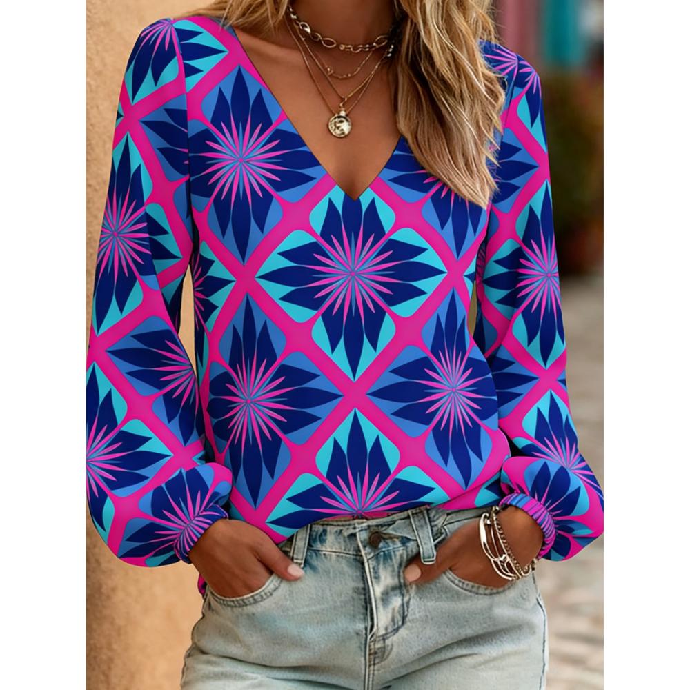 Printed lady's casual retro western style V-neck shirt, retro bohemian blouse, women's lantern sleeve design, Valentine's Day gift