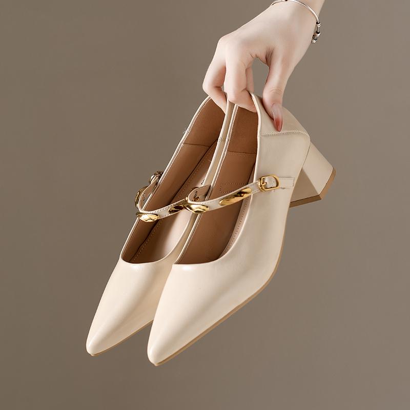 

New Style Fashion Women s Pointed Toe Mary Jane Single Shoes Women s Fall Shallow Mouth Block Heel Pump Shoes Zapatos Mujer 40 бежевий