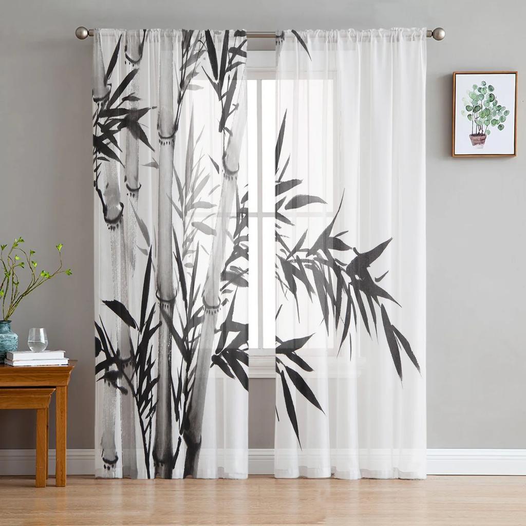 Landscape Ink Painting Tulle Window Curtains Living Room Organza Yarn Sheer Voile Curtain Bedroom Kitchen Home Decor Drape