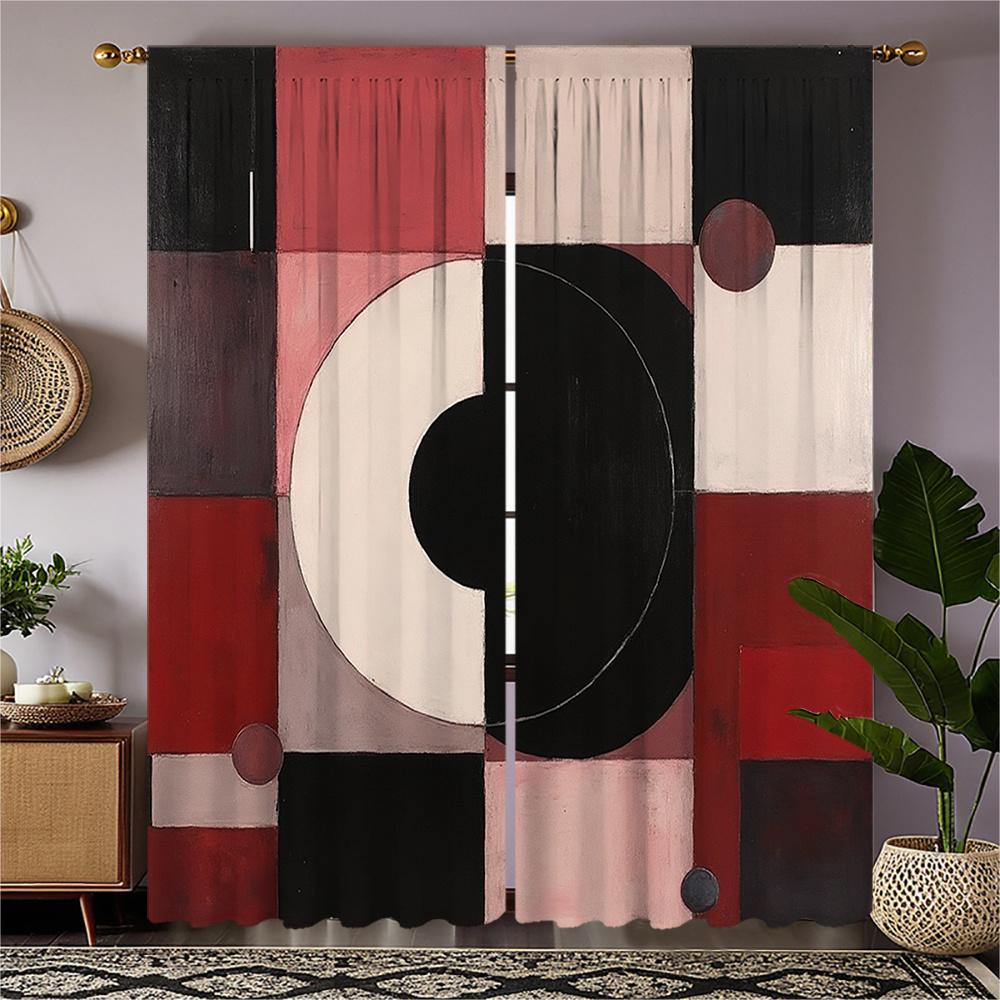 

2pcs Abstract Geometric Print Curtains - Red Black White Color Block Design Semi-Transparent Polyester Fabric Rod Pocket for 100*130 Grommet Top 1pcs
