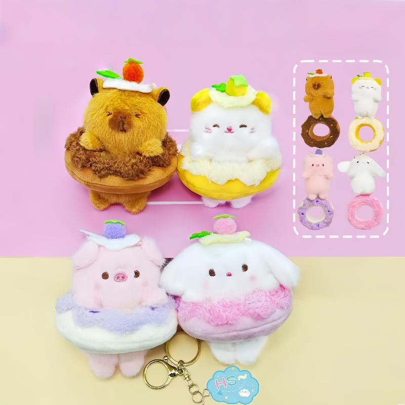 1Pcs Cute Sweetheart Circle Animal Plush Pendant Rabbit Dolphin Cat Doll Keychain For Girls Gifts Creative School Bag Decoration