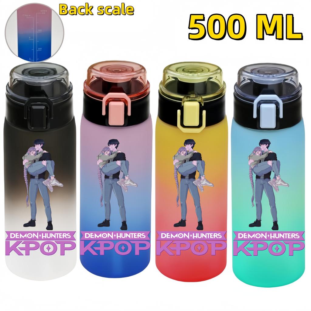 KPop Demon Hunters Sports Water Bottle Portable Leak Proof Plastic Cup Level Line Outdoor Fitness 500ML with for Kid Friendly Entertaining Fun Play