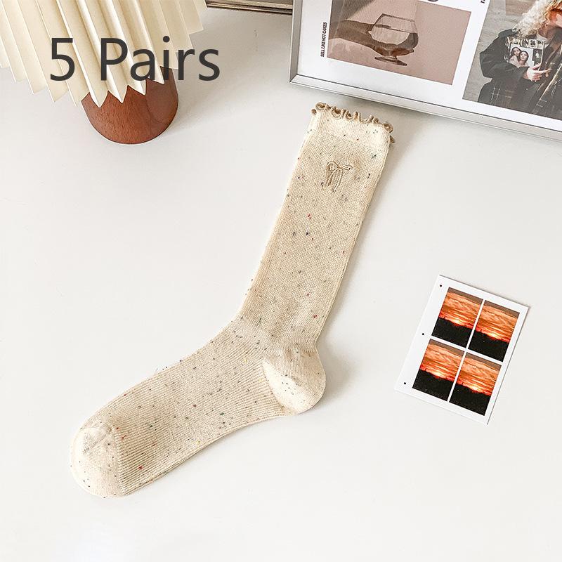 5 Pairs of Female Spring and Summer Bow Embroidery Lace Everything Breathable Tube Pile Socks