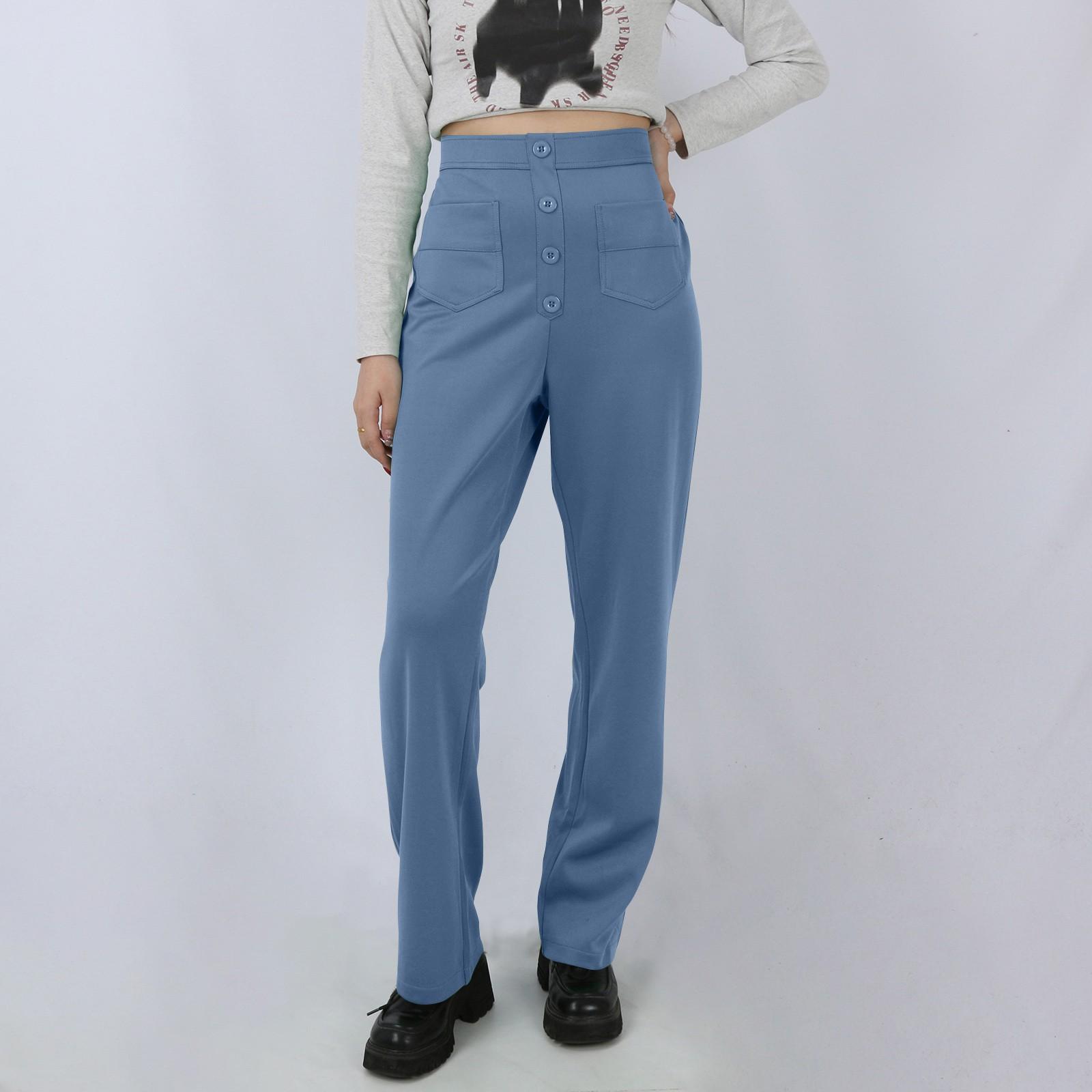 

Женские повседневные прямые брюки с высокой талией и пуговицами, эластичные деловые рабочие брюки с несколькими карманами XL синий