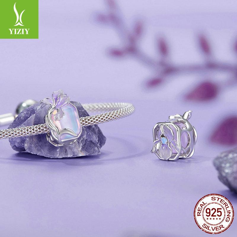 Purple Crystal Iris Diy Bracelet Beaded, Romantic Sweet S925 Sterling Silver Beads Loose Beads