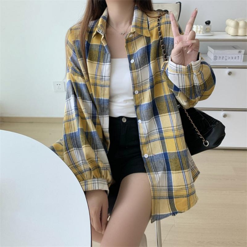 Women Summer Long Loose Shirt Falling Shoulder Long Sleeve Lapel Plaid Shirt