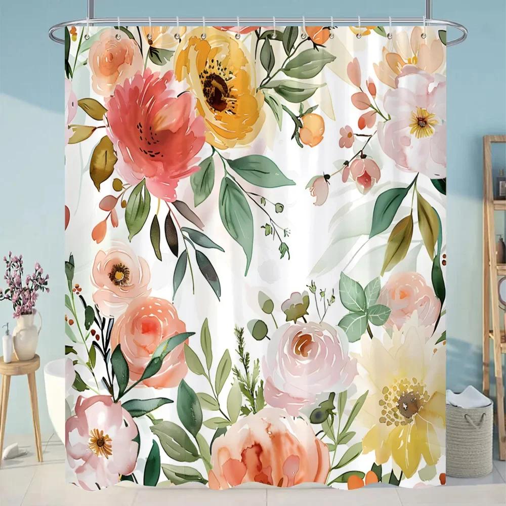 Botanical Flower Shower Curtain Colourful Flowers Green Leaves Watercolour Art Creative Polyester Shower Curtains Bathroom Decor