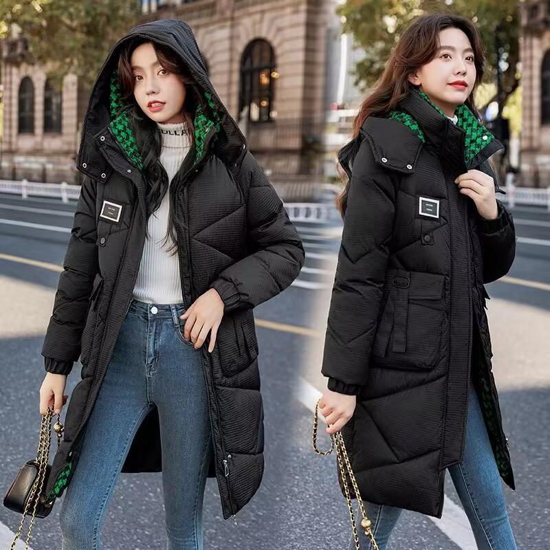 

Пуховая одежда женская средней длины осенне-зимняя свободная утолщенная теплая с капюшоном модная универсальная куртка XXL-145-80 kg чёрный