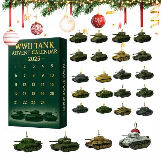 2025 WWII Tank Advent Calendar 24 Days Christmas Countdown Calendar with 24 Iconic WWII Tank Ornaments Surprise Gifts for History Buffs