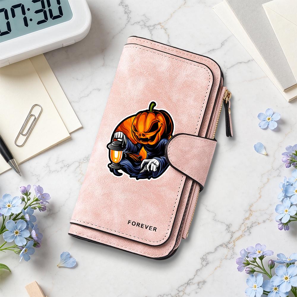 Halloween Pumpkin Pattern Long Wallet Fashion Casual Portable Multi Card Slot Purse for Daily Use