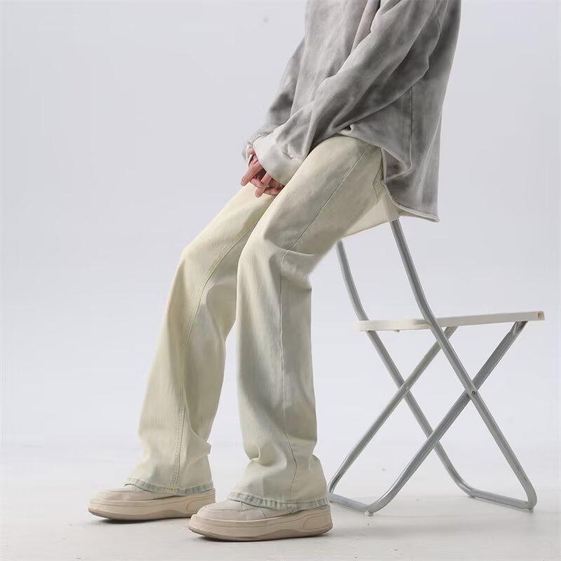 Blugi din denim spălați americani Toamnă pentru bărbați Pantaloni largi cu mop cu picioare drepte Pantaloni casual din denim cu picioare largi