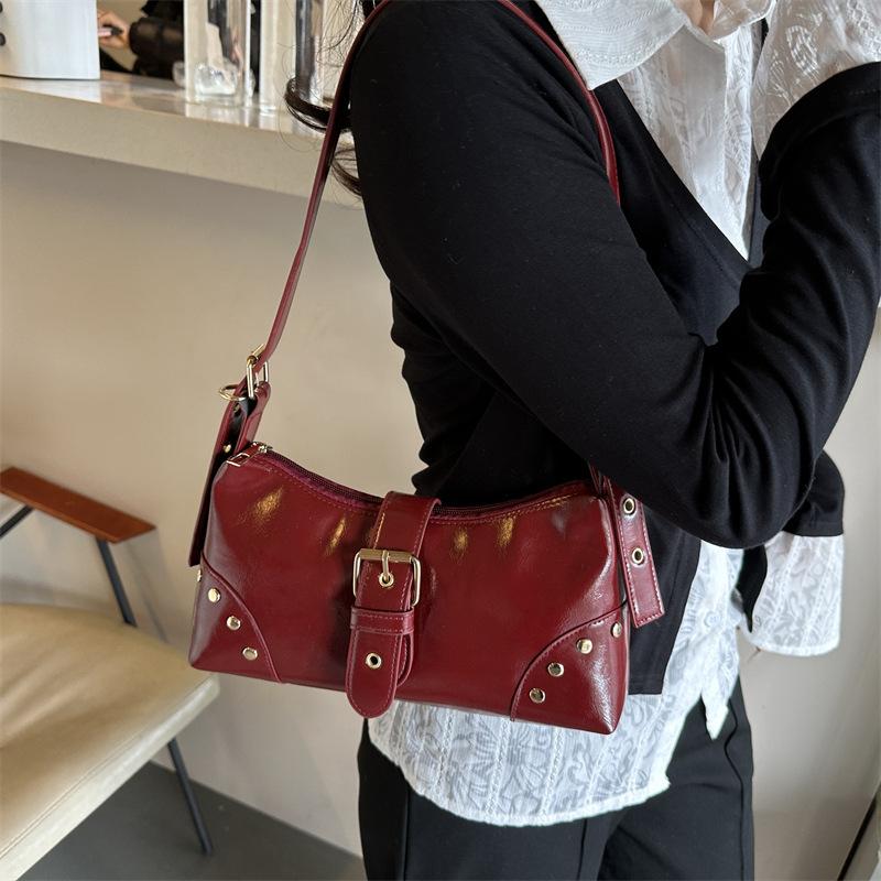 New Designer Buckle Armpit Bag Vintage Y2k Rivet Shoulder Bag Gothic Pu Leather Spicy Girl Hobo Handbag For Women