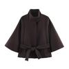 Womens 2026 Short Wool-Blend Coat With Belted Waist Stand Collar Batwing Sleeve Streetwear Chic Outerwear