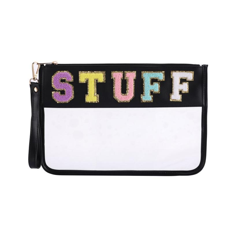 Waterproof PVC Makeup Bag with Embroidered Letter Patch - Large Capacity, Multi-functional for Toiletries & Coin Storage