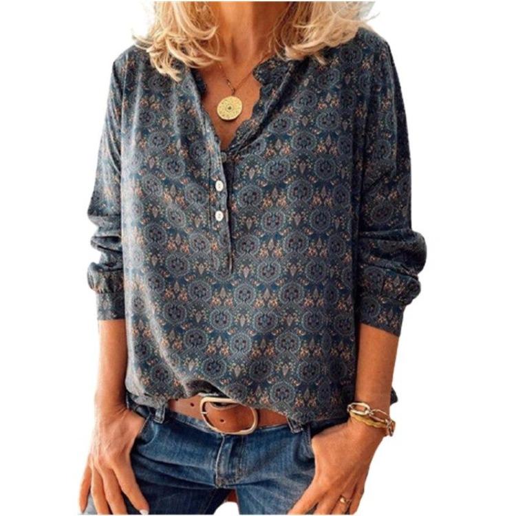Mode Damen Übergröße Lässig Locker V-Ausschnitt Langarm Knopf Oberteil Bluse Frühling Herbst Druck Überziehen Neu