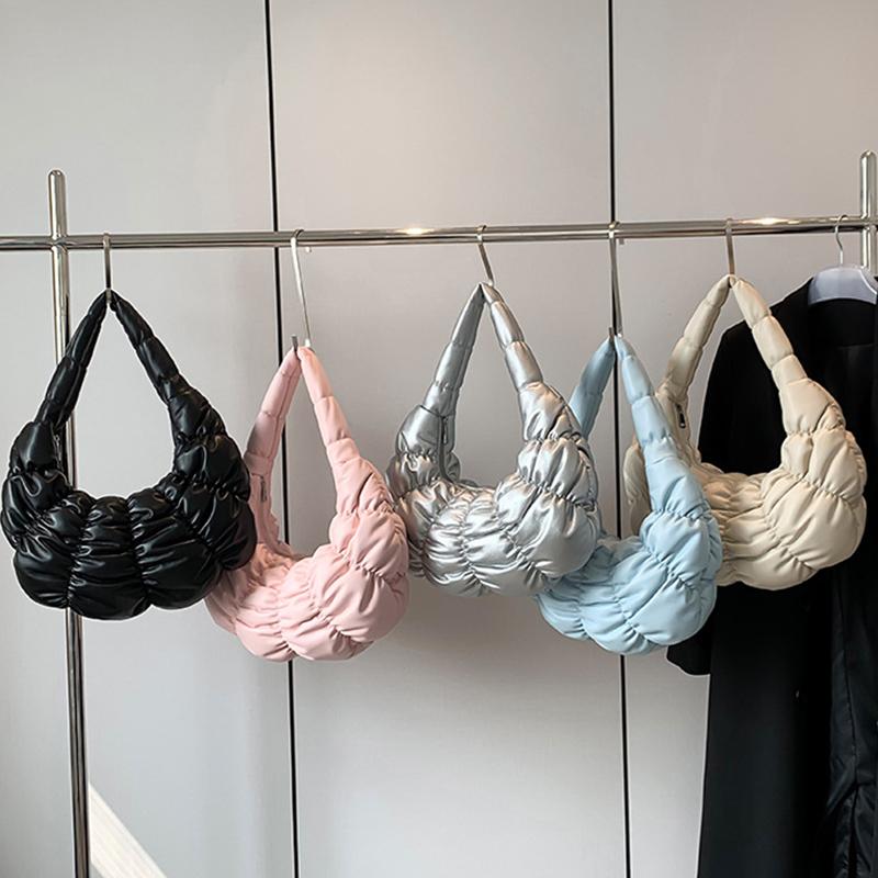 Quilted Padded Crossbody Bag for Women Ruched Shoulder Cloud Bag PU Leather Half Moon Hobo Bag Bubbles Handbag Purses AVE