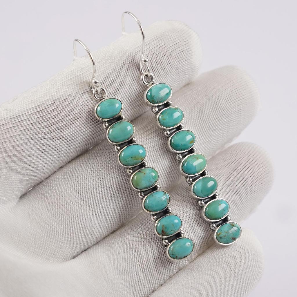 Natural Turquoise Earrings, Vertical Bar Earring, Oval Kingman Turquoise Earrings, 925 Sterling Silver Earrings, Gift for Mother