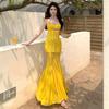 Sexy Hollow Fishbone Strap Waist Yellow Suspender Dress Women's Summer Slim Vacation Fishtail Dress