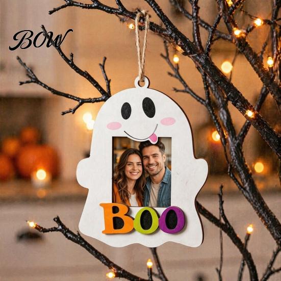 Family Photo Display Frame Halloween Cute Ghost Wooden with Hanging Rope, Creative Handcrafted Wood Holder Picture for Holiday Party Decor And