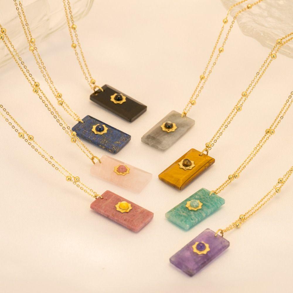 Pendant Square Neck Chain Vintage Sweater Chain Korean Chic Sun Stone Necklace  Women
