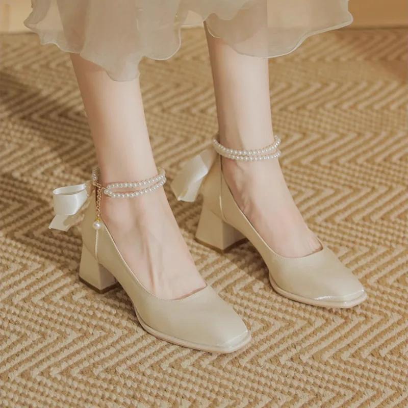 Fashion 2025With Medium Heels Woman Pumps Square Toe Pearl Shoes for Women On Sale Young Promotion Spring Fashion Wedding Bride Shoe