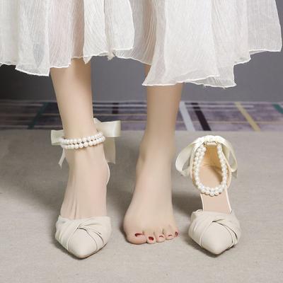 2025 Summer New Mid-heeled Small Man Shows Height Sandals Temperament French Stiletto Beaded High Heels White Single Shoes