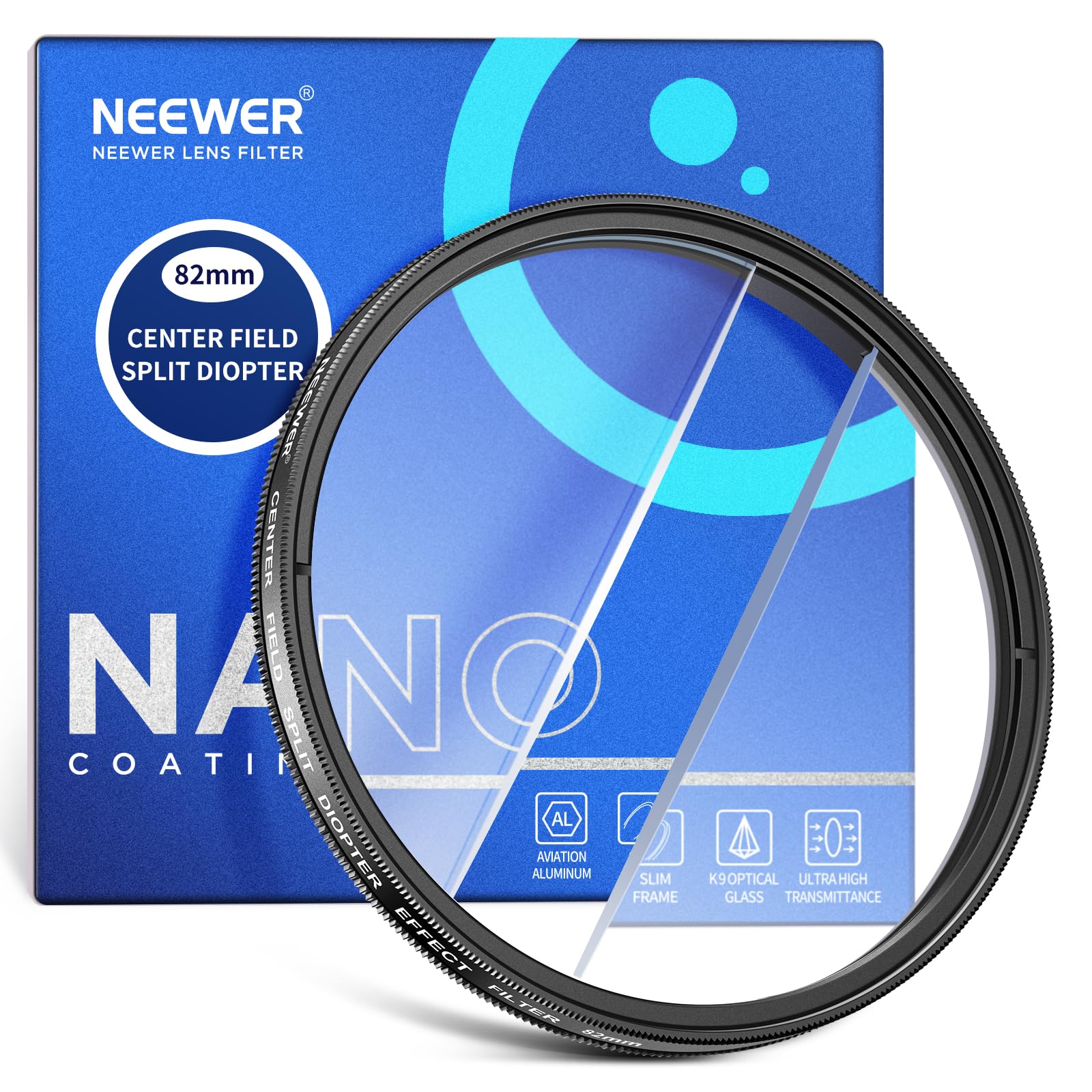 

NEEWER 82mm Center Field Split Diopter Effect Camera Linear Prism K9 Optical Glass Filter with Aluminum Refraction Foreground Repeating Color Camera чорний