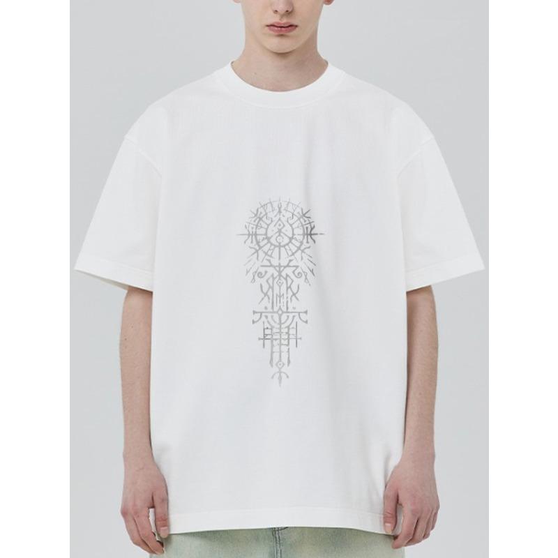 White Oversized T-Shirt with Nordic Symbol Print for Casual Wear
