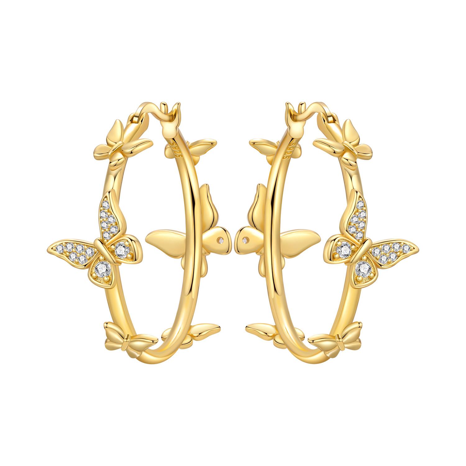 S925 Sterling Silver Golden Butterfly Insects Earrings Hoop Earrings Women Jewelry Original Party Trendy Anniversary Gift