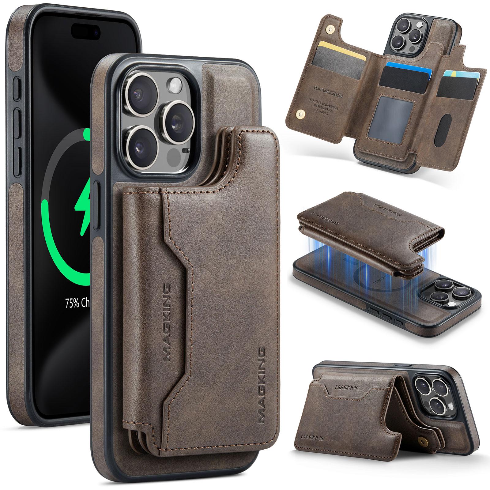 

MAGKING K3 Series For iPhone 15 Pro Case Compatible with MagSafe Wallet PC+TPU+PU Phone Cover Coffee