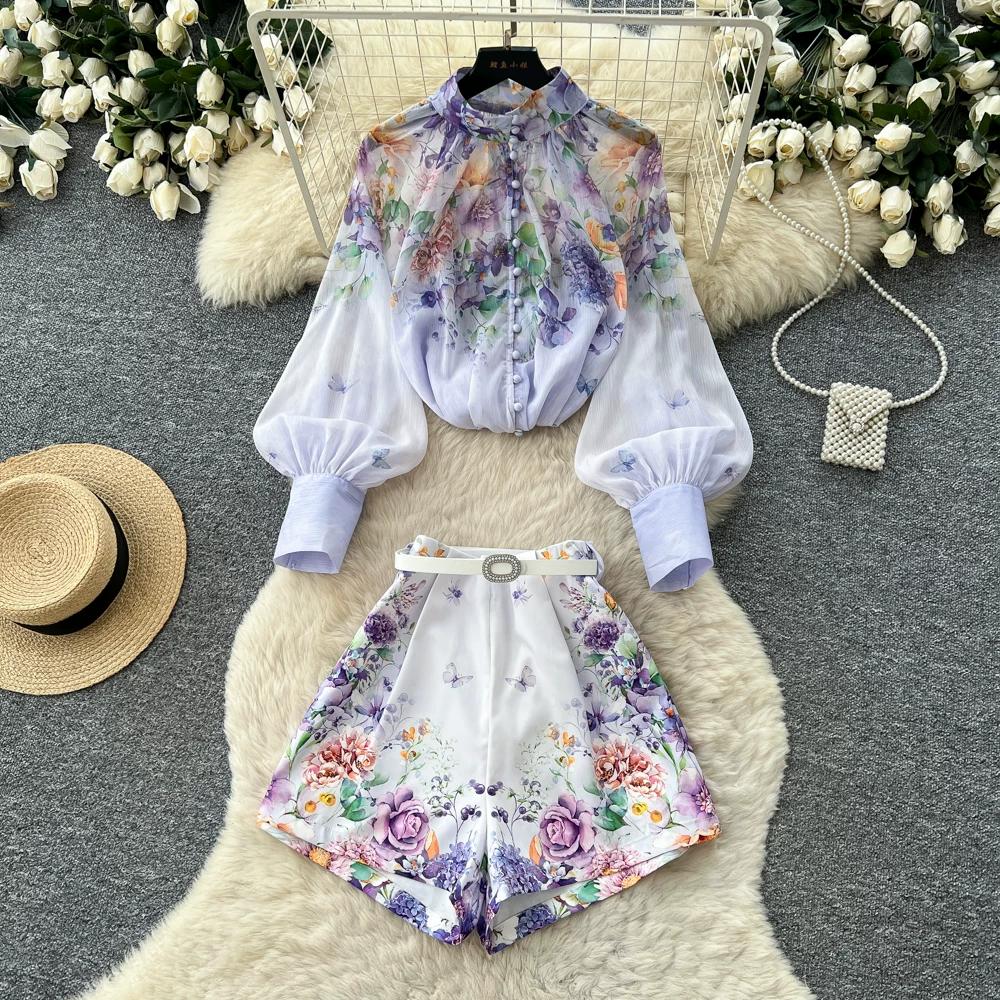 Summer Autumn New Arrival Flower Print Two Piece Pants Sets Women's Lantern Sleeve Blouse Tops and High-Waisted Wide-Leg Shorts Sets
