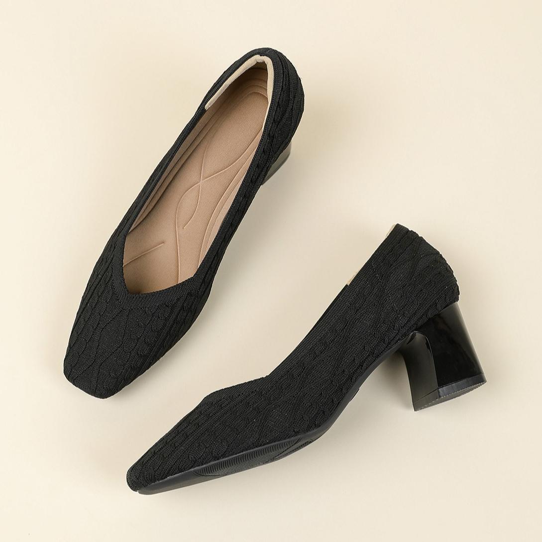 Women s Knitted Heels Closed Square Toe Low Block Heels Casual Business Slip On Pumps Walking Shoes for Women Chunky Heeled Office Work Dress Shoes 34