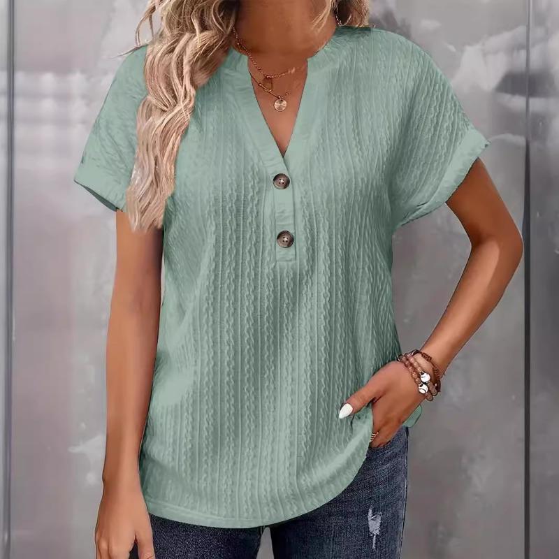

2026 Spring and Summer V-neck Lace Blosue Casual Loose T-shirt Women Fashion Short Sleeve Elegant Solid Color Button Office Shirt Female Sweet Clothes XXL смарагдовий