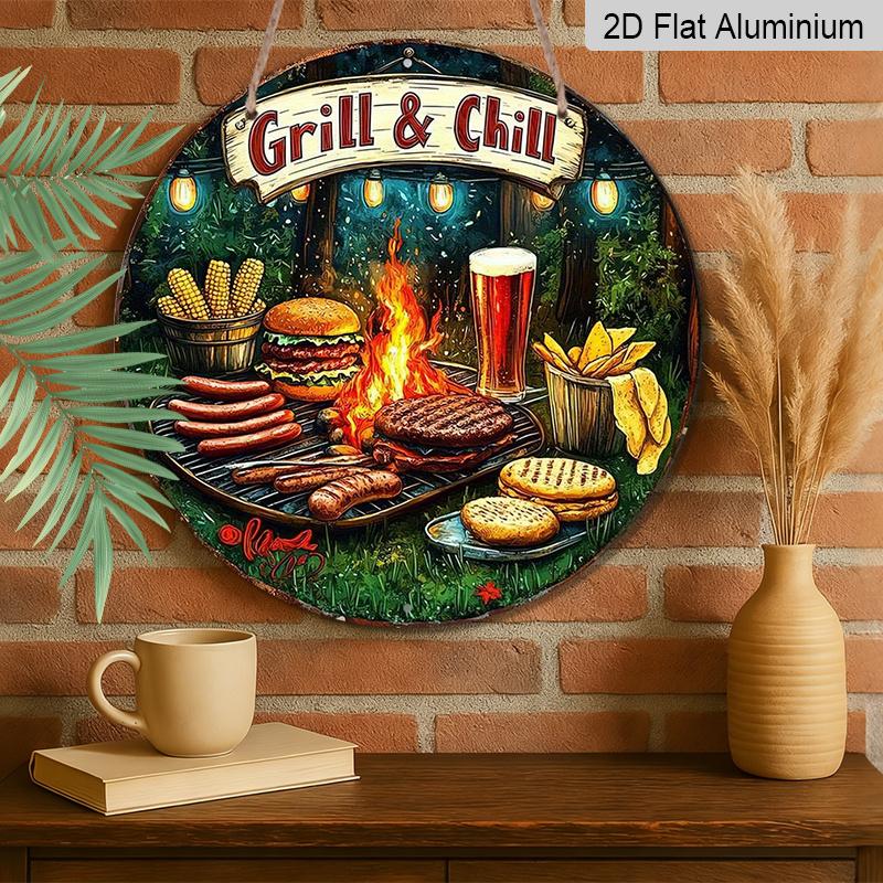 2D Flat, 1pc Vintage Grill & Chill BBQ Metal Aluminum Wall Sign - Round Art for Indoor/Outdoor Decor, Perfect for Rustic Home, Cafe, Bar, Garage