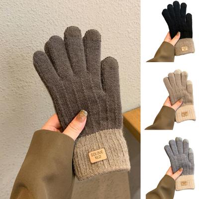 1 Paar Winterhandschuhe, Unisex, Touchscreen, weich, dick, Plüsch, volle Finger, gestrickt, farblich abgestimmt, rutschfeste, verdickte Outdoor-Fahrradhandschuhe