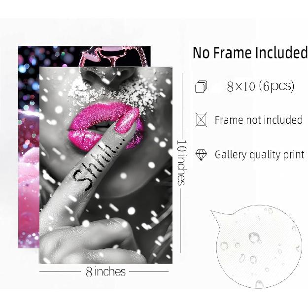 6Pcs Fashion Bathroom Canvas Wall Art Black and Pink Glam Glitter Tissue Funny Modern Women Painting Pictures Wall Decor Poster Print Artwork for