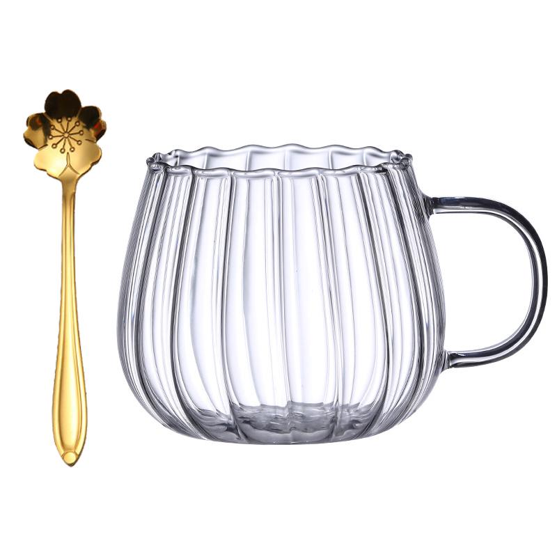 Enkellaagse Beker van Hoog Borosilicaatglas met Lepel Set Verticale Streep Pompoenvorm Glazen Beker Draagbare Creatieve Koffiemok