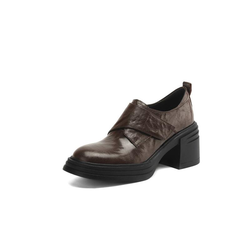 

Женские лоферы на платформе, маленькие кожаные туфли на липучке, универсальные для работы, из мягкой кожи, на толстом каблуке, одинарные туфли, новинка 2025 40 коричневый