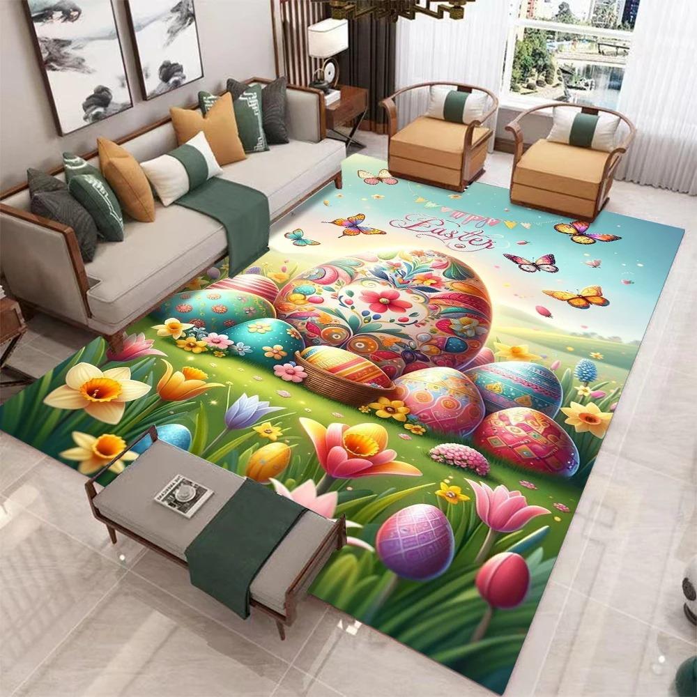 Easter Egg Floral Butterfly Rug Colorful Spring Holiday Carpet Living Room Bedroom Festive Decorative Floor Mat