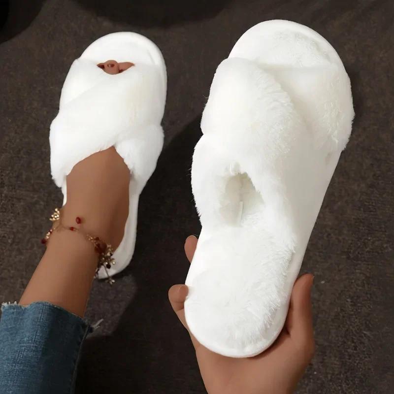 Simple Cross Strap Plush Slippers Women Lightweight Fluffy Fur Home Slippers Woman Faux Fur Flat Heel Couple Slides Plus Size 43