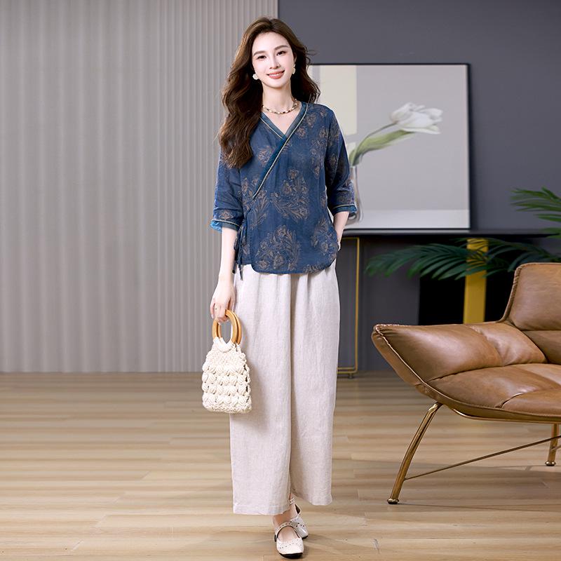 Women's 2025 Summer Ramie Suit: Retro Two-Piece Set with Wide-Leg Pants and Top