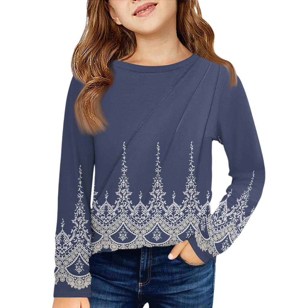 Girls' Long Sleeve Tee - Pleated Round Neck Casual Top