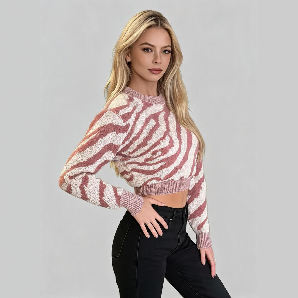 Winter new European and American zebra knit sweater for women, long-sleeve pullover short top, fashionable, versatile, and trendy