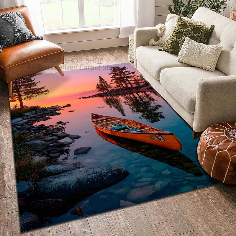 1PC Sunset Boat Scenery Pattern Carpet for Living Room Bedroom Sofa Home Decor Non-slip Floor Mat Large Size Washable