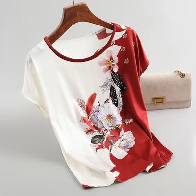 Plus Size Women Silk Satin Blouses Spring Summer Floral Printing Blouse Female Fashion Shirt Tops