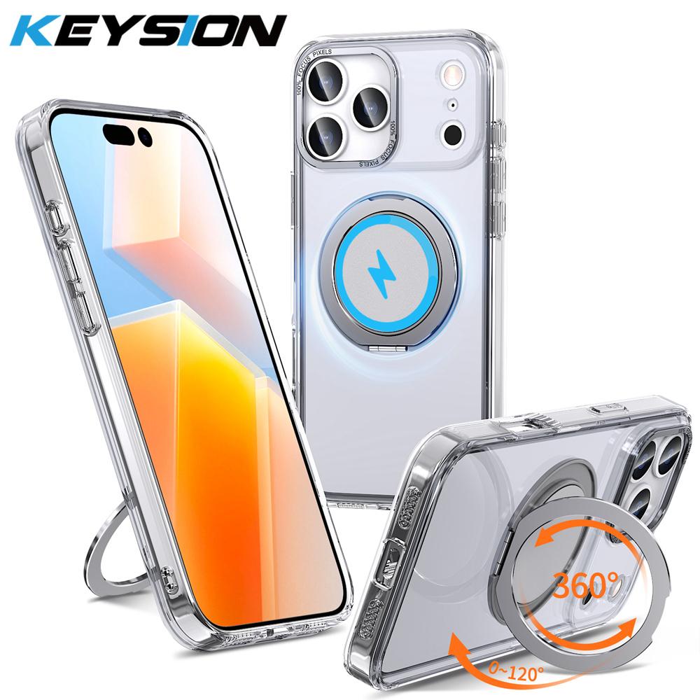 KEYSION Shockproof Matte Transparent Case for MagSafe for iPhone 17 Pro Max 360° Rotating Magnetic Ring Stand Phone Back Cover