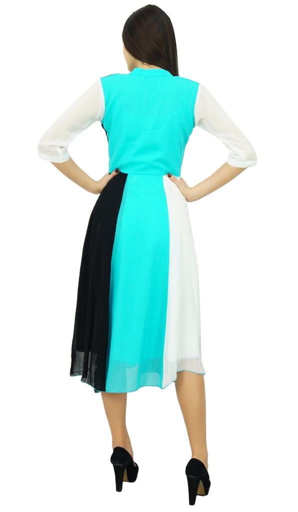 Bimba Womens Classic Mandarin Collar Shift TriColor Midi Summer Chic Dresses