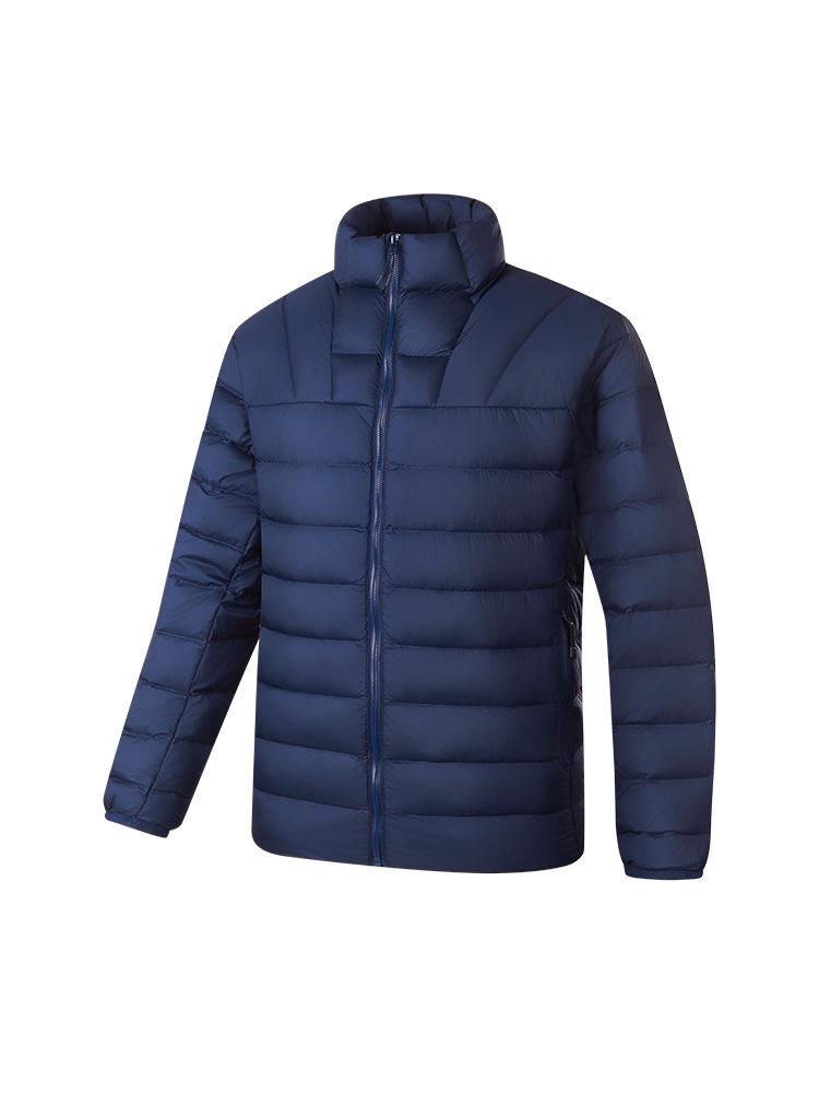 Hochwertige Unisex-Leichtgewicht-Daunenjacke mit Rippenstruktur, 90 % weiße Entendaunen und mit Text bedrucktem Futter